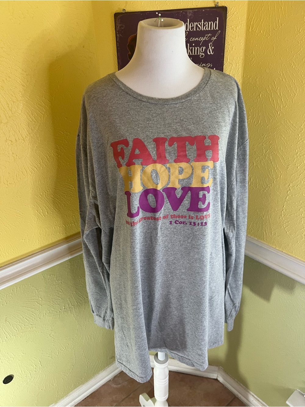 Fruit of the Loom Gray Long Sleeve Tee with Colorful Logo Print - Picture 2 of 5